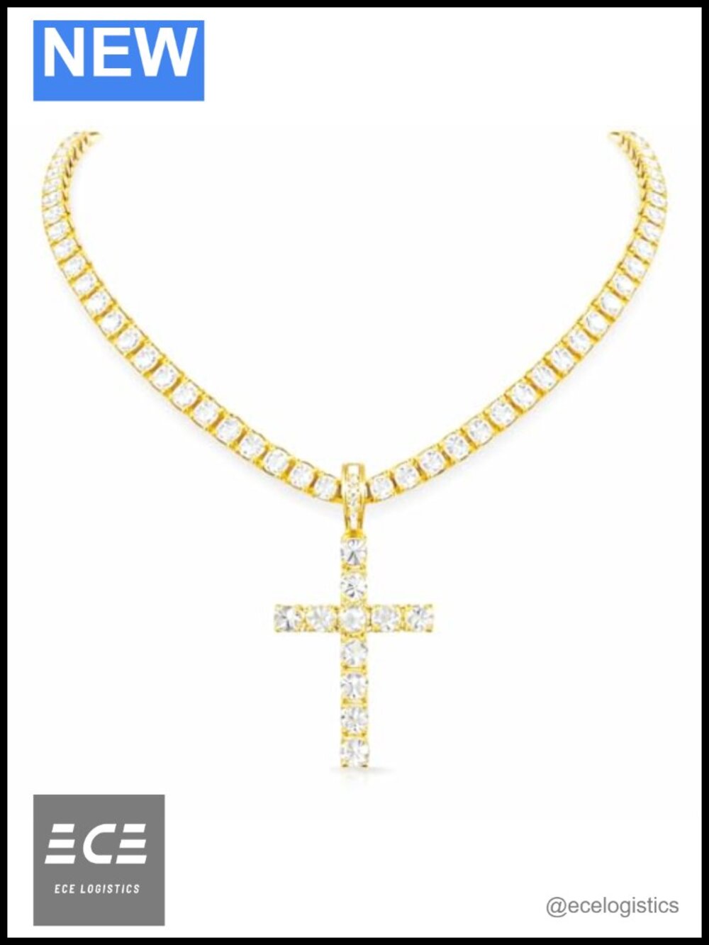14K Gold Plated Cross Pendant Necklace CZ Tennis Choker 18+2"
